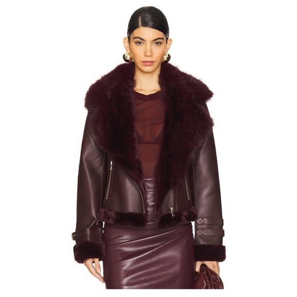 NWT! Dion Faux Fur Moto Jacket in Malbec - Picture 2 of 5